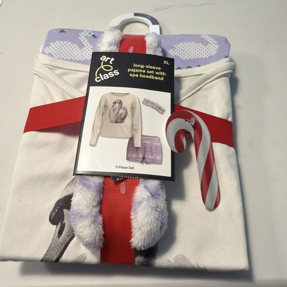 Art Class Girls XL 14/16 Long Sleeve Pajama Set W/Headband Purple Swan NWT